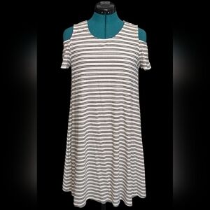 Sugar Lips Black & White Striped Cold Shoulder T-Shirt Dress